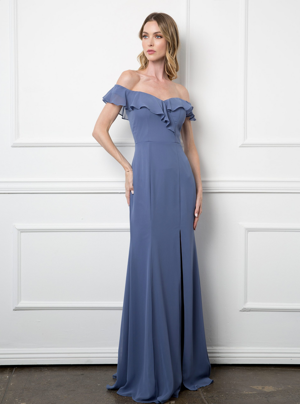 Madrid Off Shoulder Flutter Detail Chiffon Dress with Front Slit