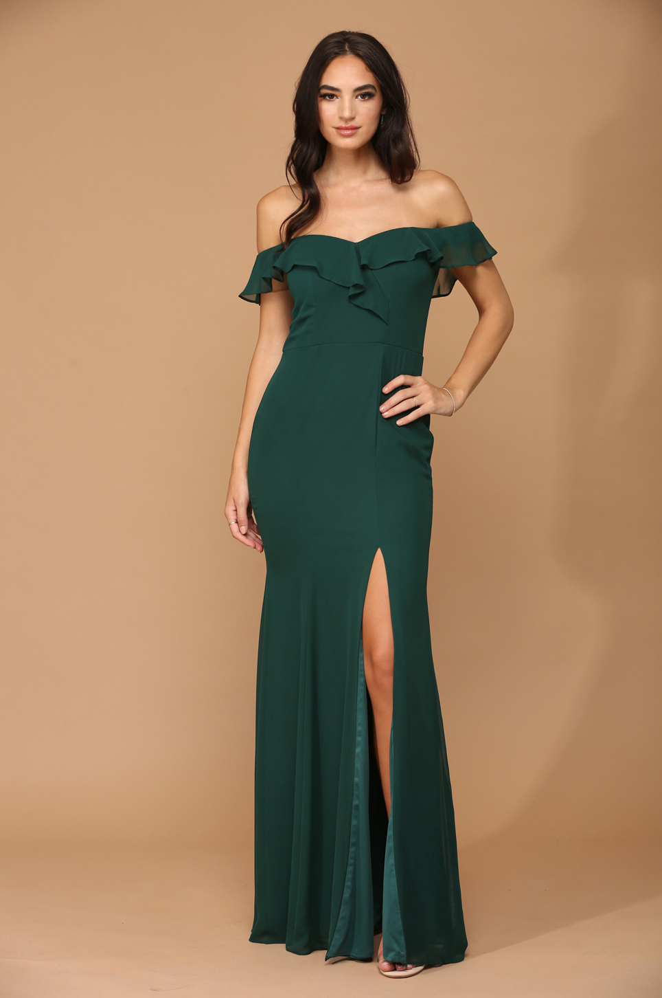 Madrid Off Shoulder Flutter Detail Chiffon Dress with Front Slit