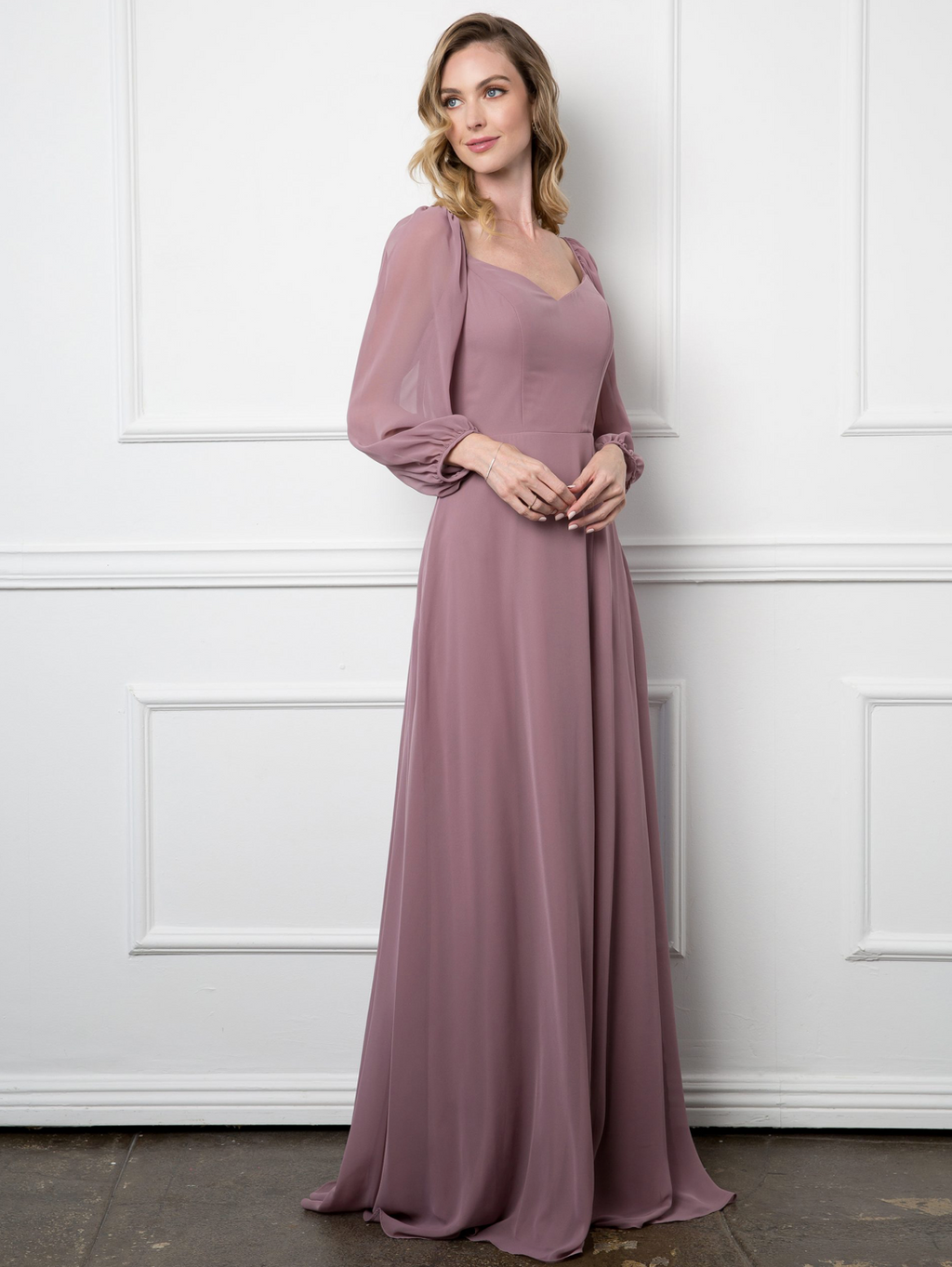 London Chiffon Convertible Long Sleeve Sweetheart Dress with Front Slit & Pockets