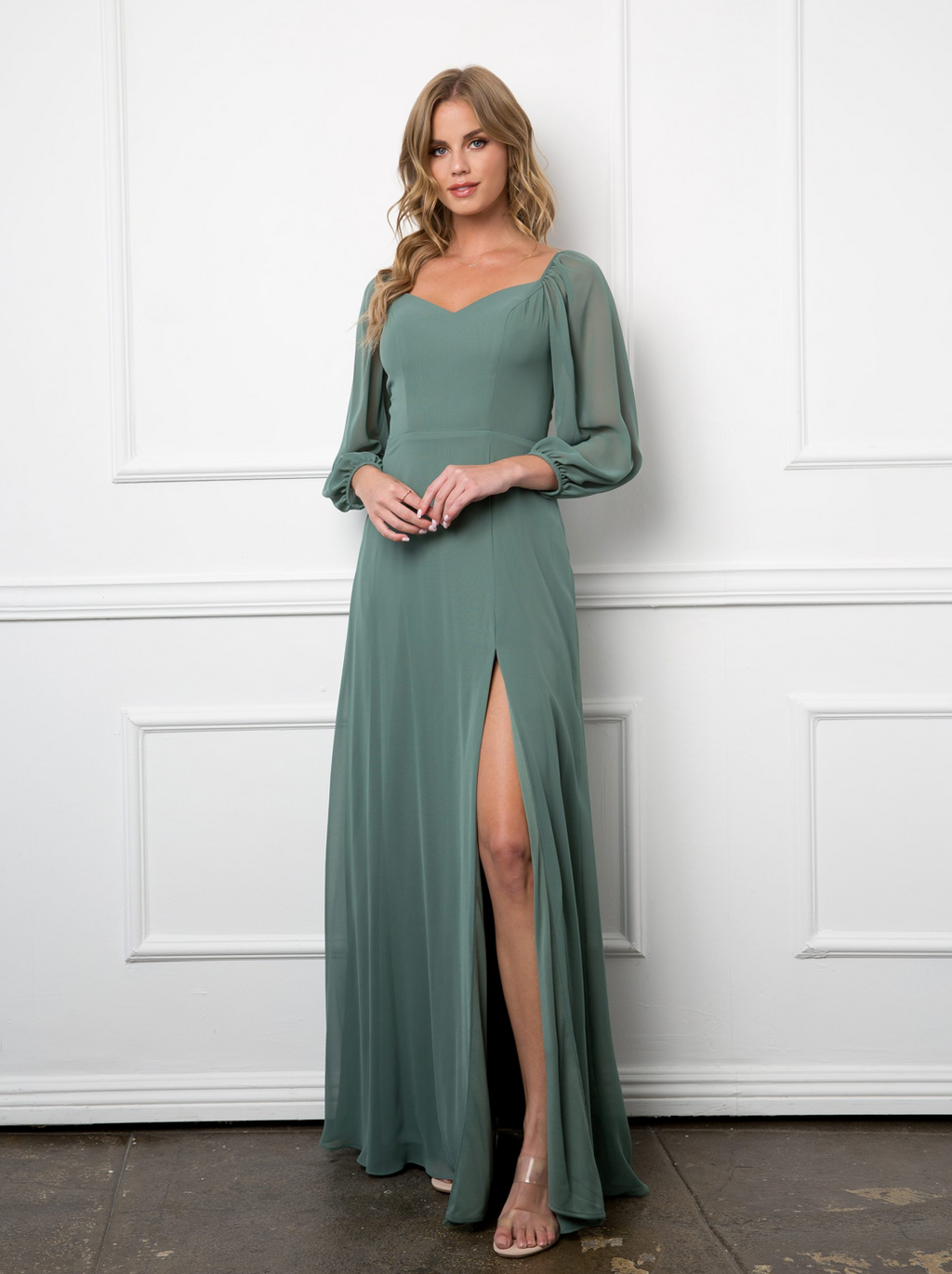 London Chiffon Convertible Long Sleeve Sweetheart Dress with Front Slit & Pockets