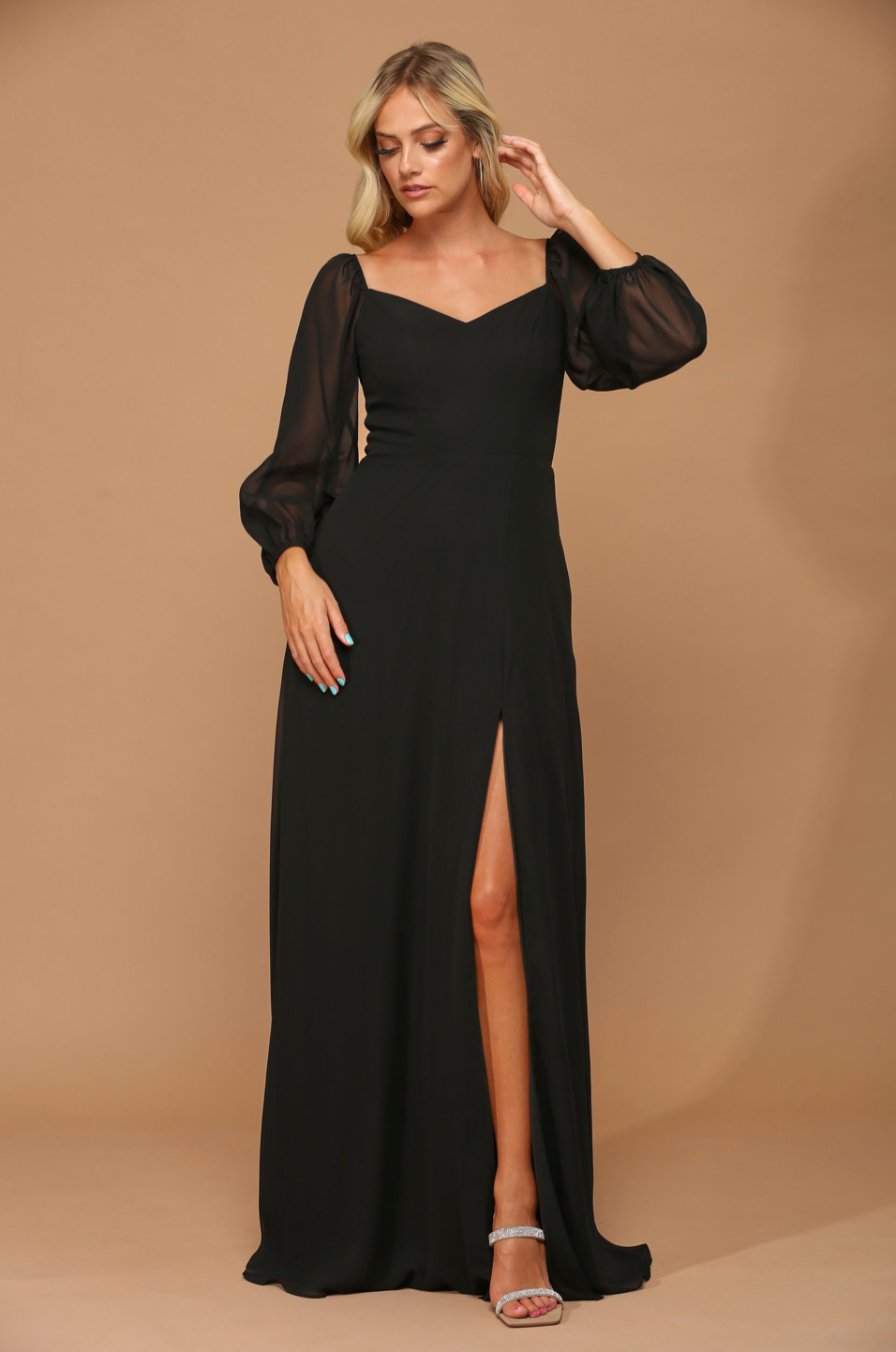 London Chiffon Convertible Long Sleeve Sweetheart Dress with Front Slit & Pockets