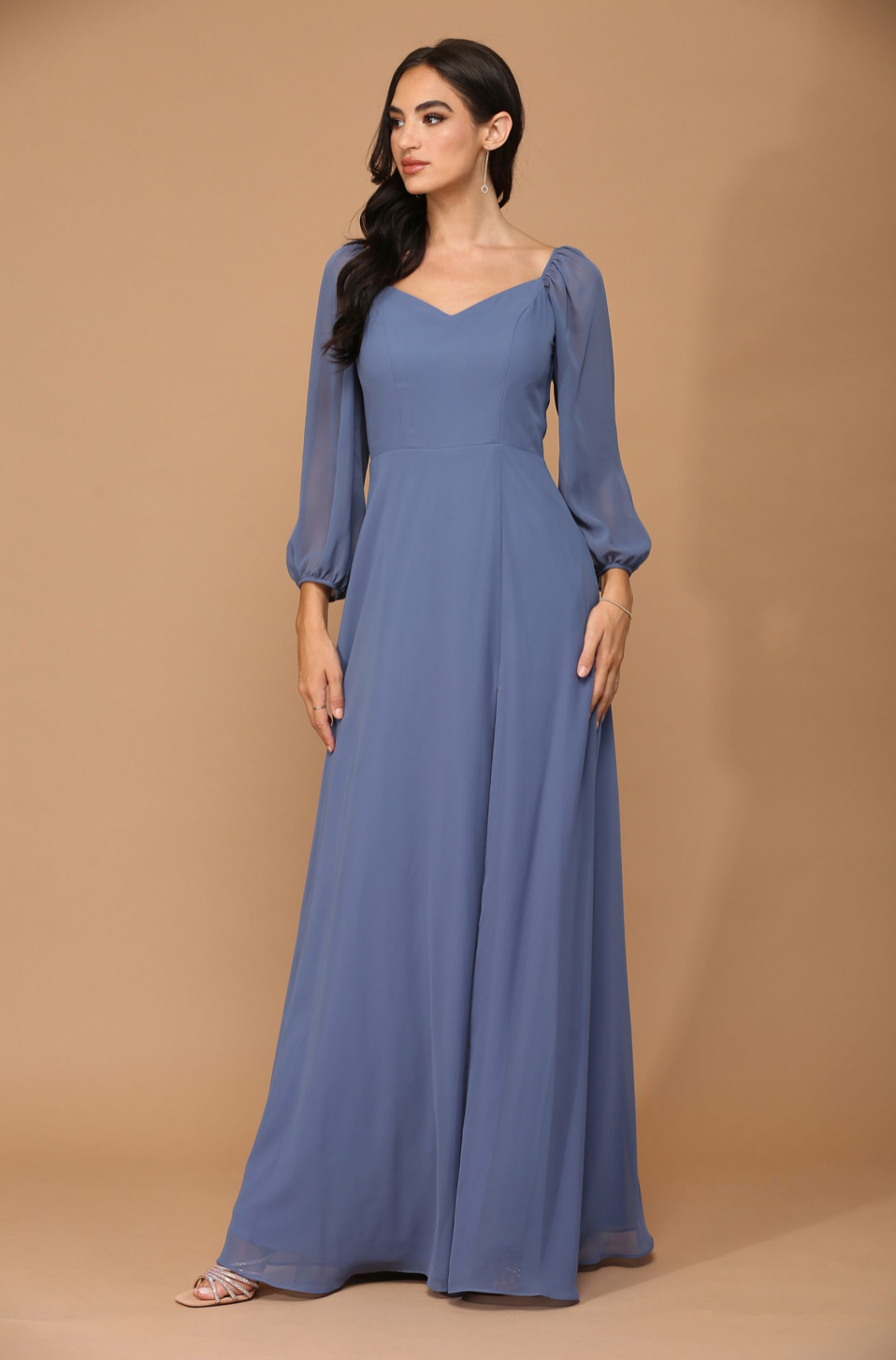 London Chiffon Convertible Long Sleeve Sweetheart Dress with Front Slit & Pockets